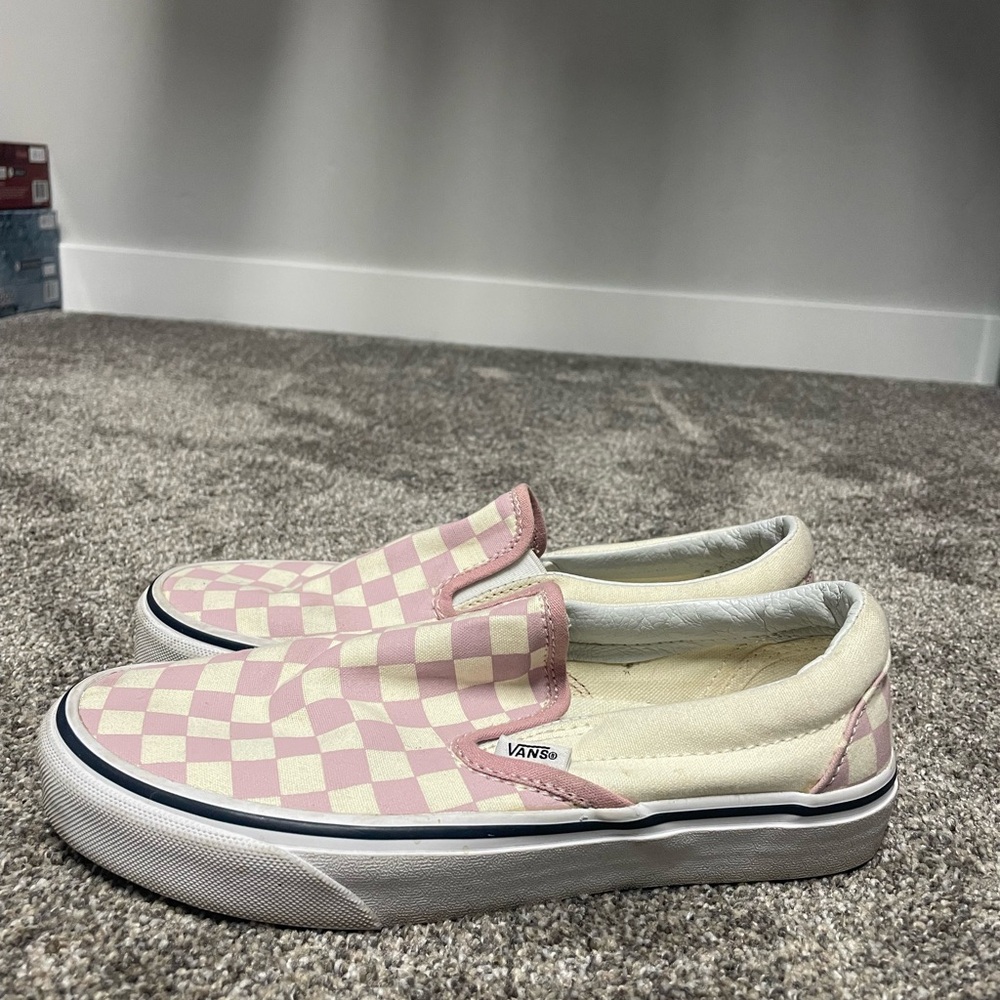 Vans Pink and Cream Checkered Slip-Ons